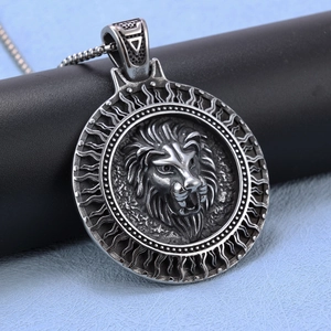 Vintage stainless steel lion head relief round pendant necklace with bead chain for men