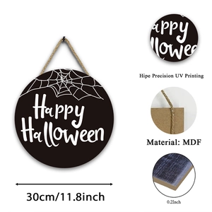 30cm Round MDF Happy Halloween wall sign with spider web pattern and hanging rope