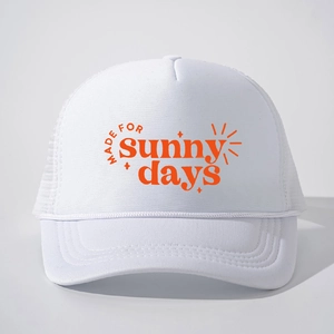 Detailed front view of white foam trucker hat with orange sunny days text and mesh back