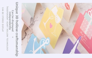 Detailed laser-cut hollow greeting cards showing 3D structural patterns and colors