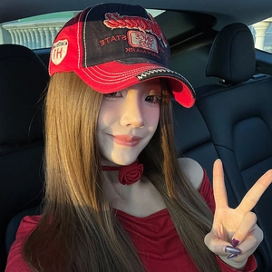 Retro red and black baseball cap with 3D embroidery and vintage distressed finish