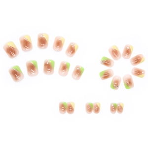 Short square press-on nails with brown gradient, yellow and green blocks and rhinestones