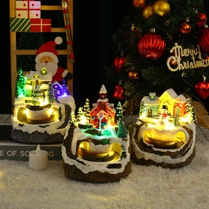 Christmas Village Miniature Resin Ornament LED Light Musical Rotating Train Desktop Decoration Holiday Xmas Gift