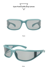 Front and side views of Y2K wrap-around mint green sports sunglasses with grey lenses