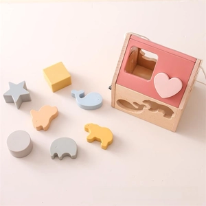 Macro detail of wooden shape sorter house with animal blocks and soft Morandi colors