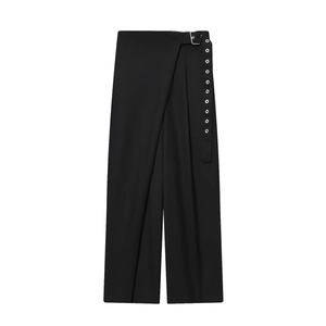 High Waist Wide Leg Trousers Polyester Woven Wrap Design Buckle Belt Silver Eyelets Casual Fashion For Women