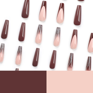 French long coffin press-on nails in brown and nude pink with silver glitter accents