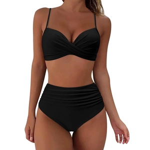 Classic black high-waisted bikini set featuring a twist-front top and ruched swim bottoms