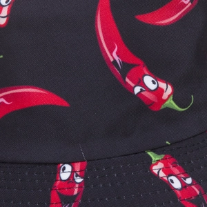 Detailed macro view of the chili print on black canvas bucket hat with high-density texture