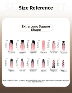 Size chart for long square gothic press-on nails showing dimensions of 12 tip sizes