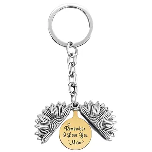 Detail of sunflower keychain with engraved heart message Remember I Love You Mom