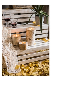 Three sizes of natural birch wood tea light holders on a white shelf with autumn leaves