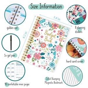 Floral budget planner set with golden coil, stickers, and magnetic bookmarks 5.8x8.2 inch