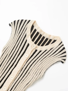 Gros plan sur le haut en maille rayé noir et beige avec des boutons blancs et texture