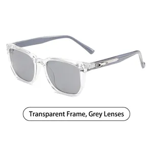 Square transparent frame sunglasses with dark grey lenses and silver metal temple accents