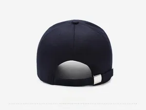 Detail of navy blue cotton baseball cap back with adjustable metal slider buckle