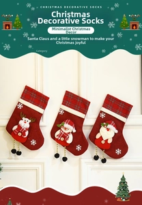 Detailed view of 3D Christmas stockings featuring Santa, Snowman, and Reindeer motifs