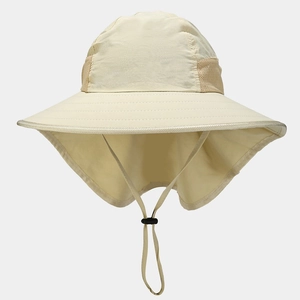 Detail view of breathable mesh fabric and adjustable drawstring on sun hat