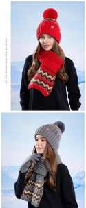 Close-up of knit winter set featuring zigzag patterns and soft pom-pom details