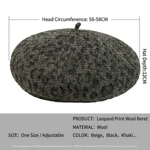 Deep grey leopard print wool beret for women with adjustable size and knit texture