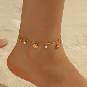 Gold plated stainless steel anklet with sea creature charms and pearls for beach style