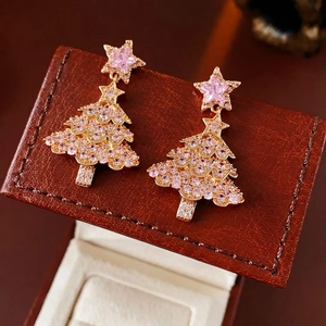 Christmas tree drop earrings with pink zircons and gold plating on leather box