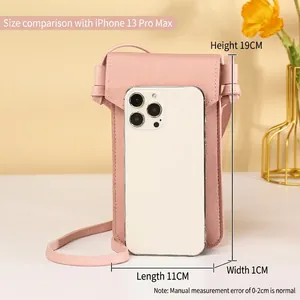 Pink lychee texture touchscreen crossbody phone bag with minimalist flap and knot strap