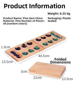 Detailed view of foldable pine wood Mancala board with 48 glass stones and measurements
