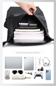 Flat lay of black laptop backpack with digital gear and daily tech essentials