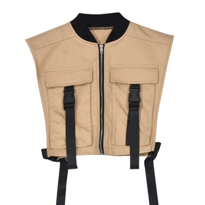 Detail of khaki utility vest with ribbed stand collar and decorative black buckles