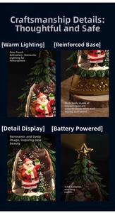 Detail of Christmas tree snow globe with Santa Claus, LED lights and gold relief base
