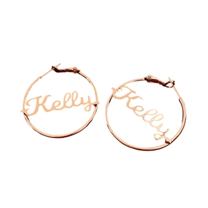 18K rose gold plated custom Kelly script name hoop earrings with a polished metal finish