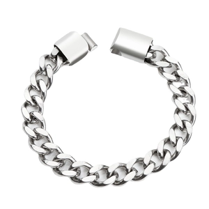 Sleek silver stainless steel Cuban link bracelet for men and women on white background