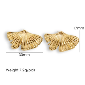 Detailed view of 14K gold plated ginkgo leaf earrings with size and weight specs