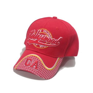 Red cotton baseball cap featuring 3D Hollywood embroidery and checkered CA brim detail