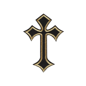 Gothic cross embroidered patch with black fabric and gold thread border for apparel and bags