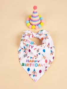 Close-up of sequin birthday hat and Happy Birthday printed pet bandana set