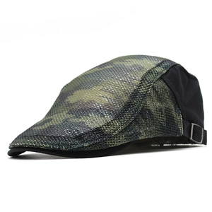 Detail of breathable camouflage mesh cap with adjustable silver metal buckle side view