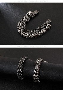 Dettaglio del bracciale vintage in acciaio inossidabile argento con chiusura a scatola su nero