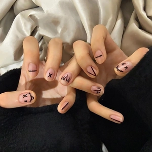 Press On Nails Halloween Graffiti Smiley Face Flame Pattern Pink Nude Full Cover Fake Nails With Glue