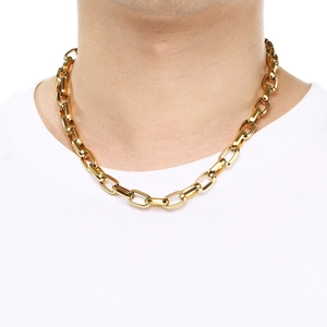 Close-up of a chunky gold vacuum-plated stainless steel oval link chain necklace for men