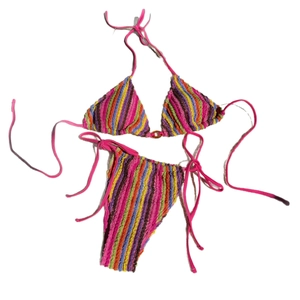 Ensemble bikini à rayures colorées en jacquard avec cordons roses et maille texturée