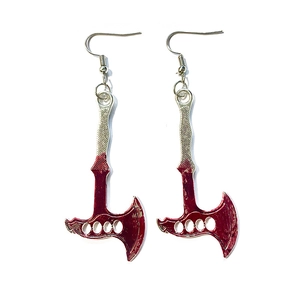 Gothic Halloween axe earrings with deep red blades and silver hooks on white background