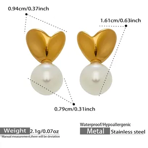 Diagramme technique détaillé des boucles d'oreilles cœur et perle avec dimensions