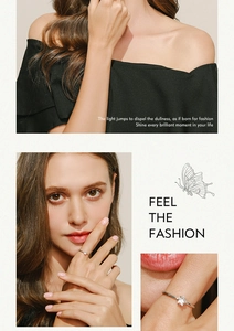 Three-way split view of a S925 silver star zircon ring shown on a model for fashion styling