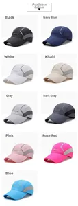 Detail of nine color options for quick-dry sports caps with mesh and reflective strips