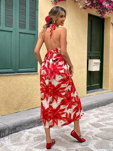 Floral print halter backless top and maxi skirt two-piece vacation set for women