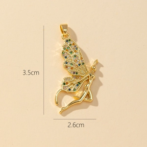 Detailed view of golden fairy pendant with colorful zircons and 3.5cm x 2.6cm dimensions