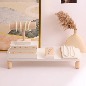 Minimalist white PU leather jewelry display set with necklace stands and ring holders