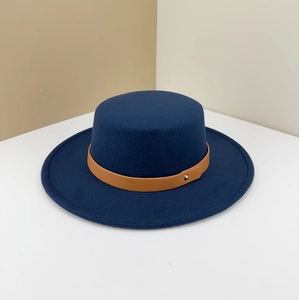 Flat top wool fedora hat in dark blue with a brown leather belt buckle strap